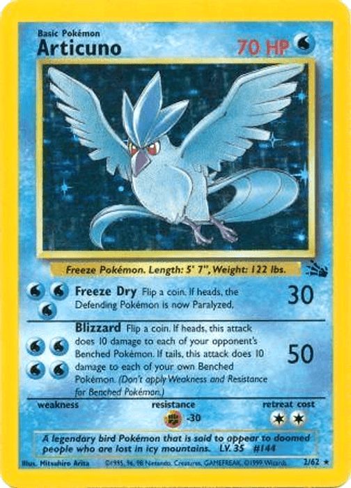A Holo Rare **Articuno (2/62) [Fossil Unlimited]** trading card from the **Pokémon** set featuring Articuno. This Water-type card has 70 HP with attacks Freeze Dry (10 damage, may paralyze) and Blizzard (50 damage, may hit opponents' Benched Pokémon). It has weaknesses to Metal and Electric types, resistance to Fighting types, and a 2-star retreat cost. Card number is 2/62.