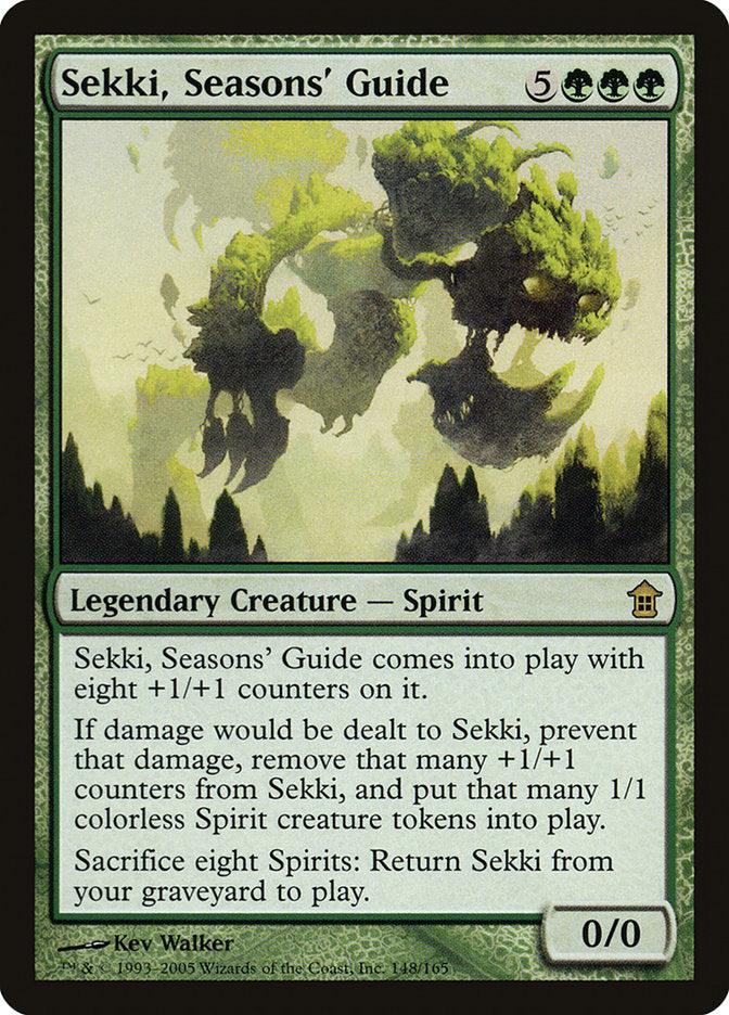 The Magic: The Gathering card "Sekki, Seasons' Guide [Saviors of Kamigawa]" features a Legendary Creature - Spirit with a casting cost of 5GGG. This card showcases an illustration of a large, green, tree-like Spirit creature. With power and toughness recorded as 0/0, Sekki enters the battlefield with eight +1/+1 counters.