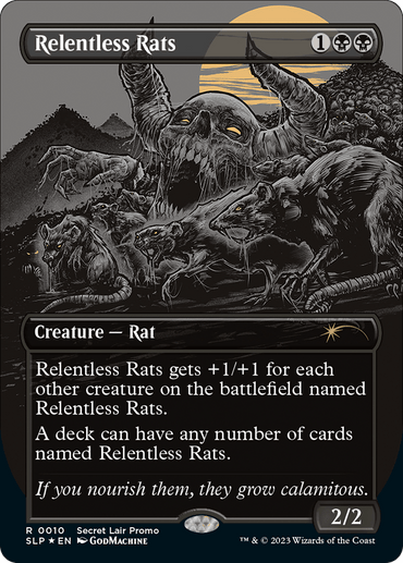 A Magic: The Gathering card titled "Relentless Rats (Borderless) [Secret Lair Showdown]." The illustration shows multiple aggressive-looking rats in front of a withered skull. Costing 1 colorless and 2 black mana, it's a "Creature – Rat" with a 2/2 rating that grows stronger with each Relentless Rats in play. Part of the Secret Lair Showdown series, decks can contain any number of these cards.