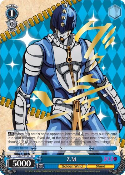 A trading card features a character in a blue and white armored suit with a helmet, standing against a blue diamond-patterned background. The card's stats include 5000 power, a cost of 0, and a soul value of 1. Text at the bottom reads "Golden Wind" and "JoJo's Bizarre Adventure - JoJo Rare." The product is Z.M (JJ/S66-TE15J JJR) [JoJo's Bizarre Adventure: Golden Wind] by Bushiroad.