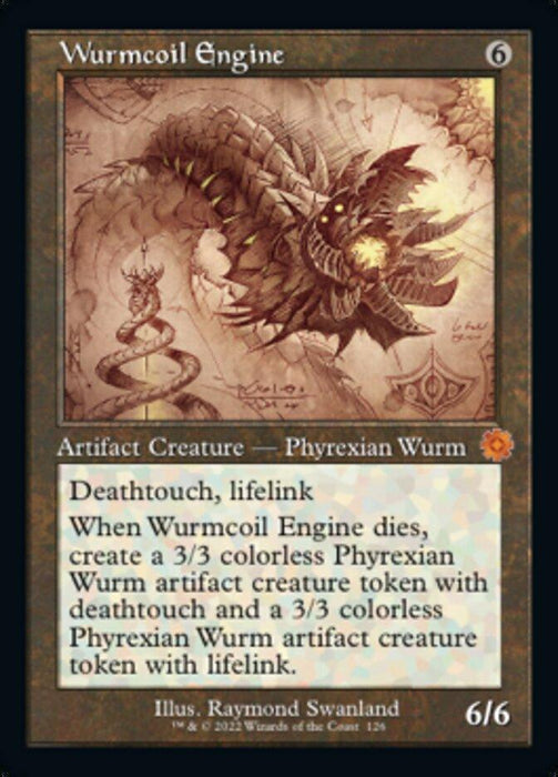 The Magic: The Gathering card titled "Wurmcoil Engine (Retro Schematic) [The Brothers' War Retro Artifacts]" features a mechanical dragon-like creature with glowing eyes. As an Artifact Creature of the type Phyrexian Wurm, it boasts abilities like "Deathtouch" and "Lifelink," with its power and toughness both set at 6.