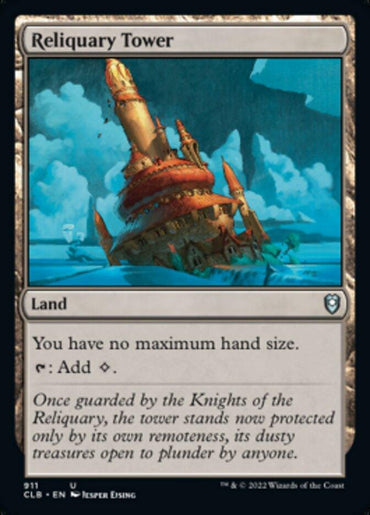 A Magic: The Gathering Reliquary Tower [Commander Legends: Battle for Baldur's Gate]. This uncommon land features an image of a large, leaning tower with red and gold accents, floating above a rocky landscape. The card's gray frame reads, "You have no maximum hand size. Tap: Add one colorless mana." As seen in Commander Legends: Battle for Baldur's Gate.