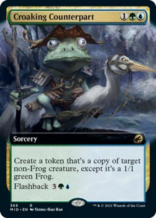 A Magic: The Gathering card titled "Croaking Counterpart (Extended Art) [Innistrad: Midnight Hunt]." This rare sorcery features a frog knight in armor perched on a white heron, set against a swampy backdrop. It creates a 1/1 green frog token copy of a target non-Frog creature and has Flashback for three generic, one green, and one blue mana.
