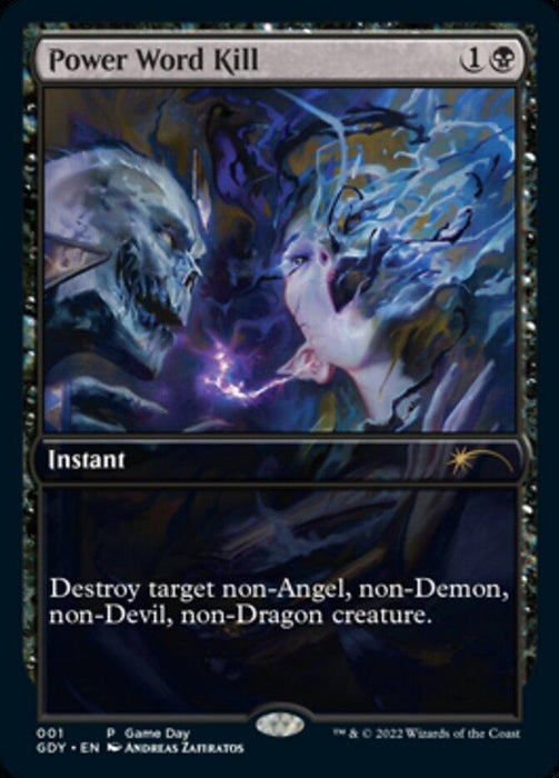 The rare Magic: The Gathering card titled "Power Word Kill [Game Day 2022]" features dark, mystical artwork with a skeletal, armored figure casting an instant spell on a floating, ethereal creature. The spell involves vivid, ghostly blue energy. The text reads: "Destroy target non-Angel, non-Demon, non-Devil, non-Dragon creature." A highlight from Game Day 2022.