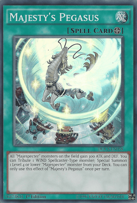 Majesty's Pegasus [DOCS-EN058] Super Rare," a Yu-Gi-Oh! Field Spell Card, illustrates a majestic, armored pegasus soaring through a mystical sky with glowing, ethereal rings. This card boosts stats and special summons a level 4 or lower WIND Spellcaster monster, perfect for your Majespecter deck.