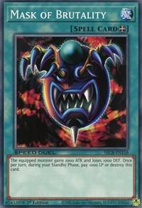 The image shows a Yu-Gi-Oh! trading card named "Mask of Brutality [SBCB-EN118] Common." This Equip Spell card features a dark, menacing mask with red eyes and sharp teeth. In the Battle City Box set, the card text states that the equipped monster gains 1000 ATK but loses 1000 DEF; players must pay 1000 LP during their Standby Phase or destroy it.