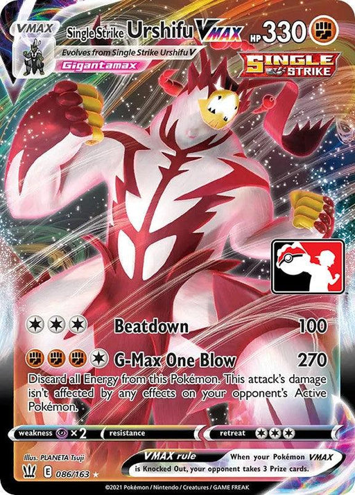 A **Pokémon** trading card featuring the **Single Strike Urshifu VMAX (086/163) [Prize Pack Series One]** with HP 330. Urshifu VMAX appears in a dynamic fighting pose with glowing eyes and energy. The card details include attacks: Beatdown (100) and G-Max One Blow (270). This gem from Prize Pack Series One has vibrant symbols and text against a colorful background.