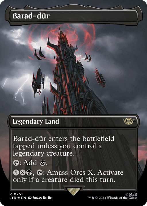 A rare Magic: The Gathering trading card titled "Barad-dur (0751) (Borderless) (Surge Foil) [The Lord of the Rings: Tales of Middle-Earth]." It depicts a dark, menacing tower with fiery lava and glowing red cracks against a stormy sky. The Legendary Land enters tapped unless you control a legendary creature, adds black mana, and has an Amass Orcs ability.