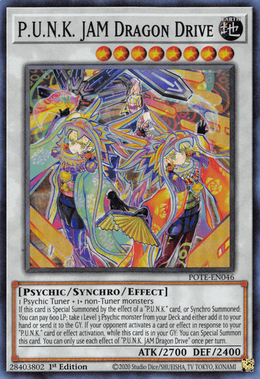 A Yu-Gi-Oh! card titled "P.U.N.K. JAM Dragon Drive [POTE-EN046] Super Rare." The card depicts a vibrant illustration of a dragon with neon colors and futuristic designs. It's a Psychic/Synchro/Effect monster boasting stats of ATK 2700 and DEF 2400, with its effect description visible at the bottom.