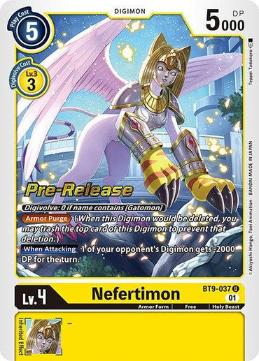 An image of the Digimon trading card "Nefertimon [BT9-037] [X Record Pre-Release Promos]." The card displays Nefertimon, a winged, cat-like Holy Beast adorned in golden armor. It has 5000 DP and is Level 4. The Armor Form features "Armor Purge" and an attack that decreases an opponent's Digimon's DP by 2000. "Pre-Release" is prominently highlighted on the card.