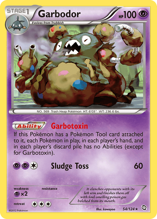 **Image of a Holo Rare Garbodor (54/124) [Black & White: Dragons Exalted] Pokémon trading card from the Dragons Exalted series. Garbodor is a large, brown, sludge-like Pokémon with various debris sticking out. The card has 100 HP, a Garbotoxin ability, and a Sludge Toss attack that does 60 damage. It evolves from Trubbish and includes stats and an illustrator credit.**