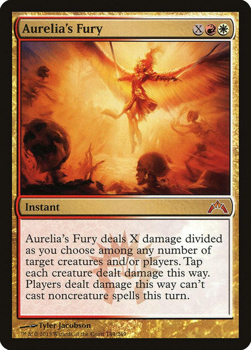 A trading card titled "Aurelia's Fury [Gatecrash]" from Magic: The Gathering depicts an angelic figure wielding fiery power, surrounded by ghostly faces. The instant type card has red, white, and colorless mana cost. The text describes its ability to deal damage, tap creatures, and restrict spell casting.
