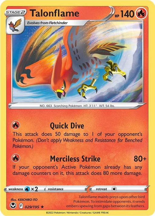 A Talonflame (029/195) [Sword & Shield: Silver Tempest] card from Pokémon featuring Talonflame, a fire-type, bird-like Pokémon in vibrant red and orange. The card showcases Talonflame's image and stats, including 140 HP, Quick Dive (50 damage), and Merciless Strike (80+ damage). Evolutions and card info are detailed at the bottom.