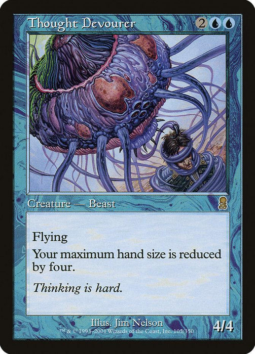 A Magic: The Gathering card titled "Thought Devourer [Odyssey]." This Magic: The Gathering creature features grotesque artwork of a floating alien with multiple eyes, tentacles, and a tiny, shrunken head next to it. The card's text reads: "Flying. Your maximum hand size is reduced by four." The power/toughness is 4/4.