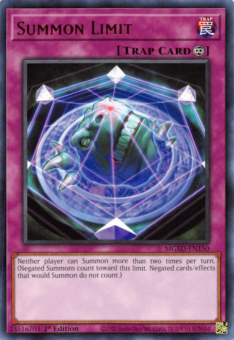 A rare Yu-Gi-Oh! Continuous Trap card titled "Summon Limit [MGED-EN150] Rare." The card features an image of a snarling green monster trapped within a multi-layered, magical barrier composed of interlocking hexagons and bright nodes at vertices. The maximum gold text states that neither player can summon more than twice per turn.
