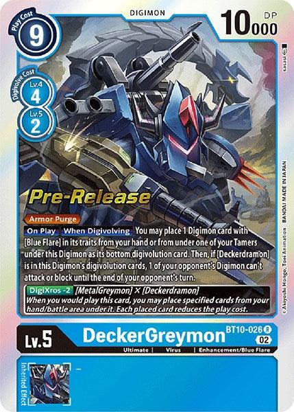 A Digimon card featuring DeckerGreymon [BT10-026] [Xros Encounter Pre-Release Cards], characterized by a robotic, armored appearance from the Xros Encounter set. The card has a play cost of 9, 10000 DP, and is at Level 5 with Blue Flare abilities. Detailed art and text sections describe its effects and include 