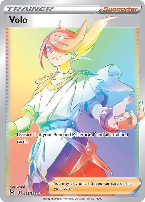 The image showcases a Pokémon Trading Card Game card from the Lost Origin set, featuring Volo (211/196) [Sword & Shield: Lost Origin], a Trainer Supporter card by Pokémon. Volo, with light skin and a white robe adorned with colorful accents, holds a device. The card text reads: "Discard 1 of your Benched Pokémon V and all attached cards." Illustration by kirisAki.