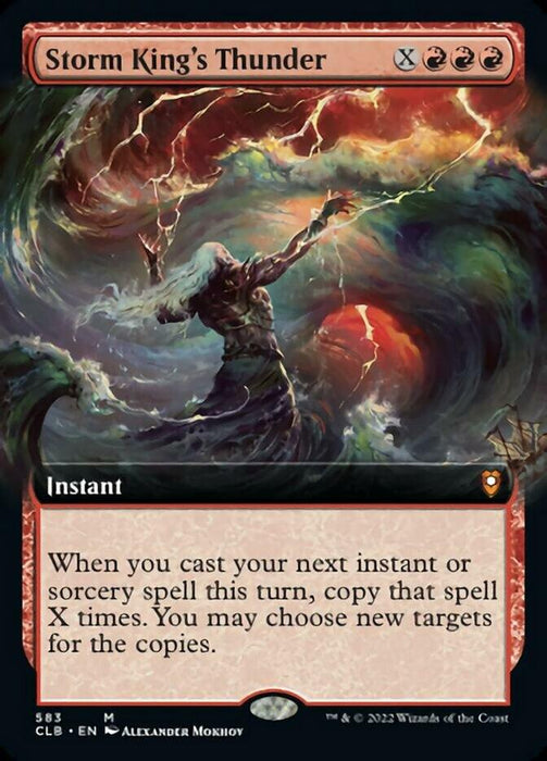 A spell card titled "Storm King's Thunder (Extended Art) [Commander Legends: Battle for Baldur's Gate]" from Magic: The Gathering. The artwork shows a wizard casting an instant amidst a raging storm, with swirling dark clouds, lightning, and turbulent waves. The card text describes copying an instant or sorcery spell X times, with an option to choose new targets.