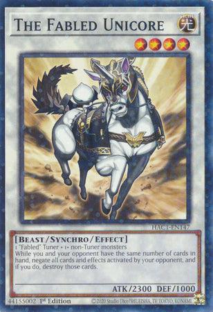 A Yu-Gi-Oh! trading card featuring "The Fabled Unicore (Duel Terminal) [HAC1-EN147] Common," a majestic Beast/Synchro/Effect Monster from Hidden Arsenal: Chapter 1. It shows a unicorn with a knight wielding a lance, shimmering armor, and wings. The card has ATK 2300 and DEF 1000. The effect text is visible, showcasing its connection to Fabled T