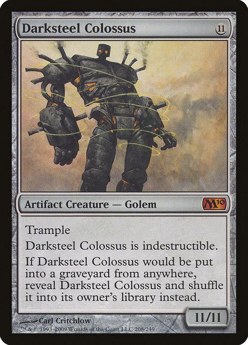 A Mythic card from the Magic: The Gathering game, featuring "Darksteel Colossus [Magic 2010]," showcases a massive, armored golem with glowing eyes amidst a stormy sky. This Artifact Creature boasts Trample, Indestructible, and a unique graveyard ability. Set code M10 reveals its 11/11 power and toughness. Artwork by Carl Critchlow included.