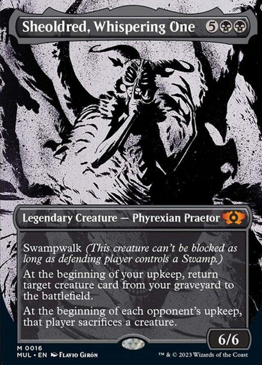Magic: The Gathering card titled "Sheoldred, Whispering One [Multiverse Legends]." This mythic, legendary creature with Swampwalk is a 6/6 Phyrexian Praetor costing 5BB. The art depicts a dark, ominous figure with skeletal features. Abilities are shown in white text over a black box at the bottom.
