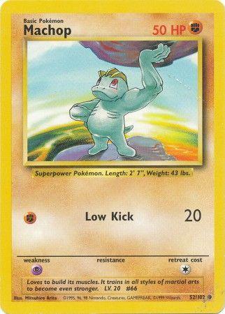 A Pokémon trading card featuring Machop (52/102) [Base Set Unlimited] from Pokémon. The card has a yellow border and shows Machop, a gray humanoid Fighting creature with three fins on its head, standing atop a rock. As a Common card, it displays its stats: 50 HP, "Low Kick" attack doing 20 damage, and various other game information.