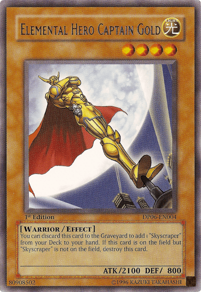 A rare, 1st edition Yu-Gi-Oh! card titled "Elemental Hero Captain Gold [DP06-EN004] Rare" depicts a golden-armored warrior with a red cape standing amidst clouds and a cityscape. This powerful Effect Monster boasts 2100 ATK and 800 DEF, featuring an effect text related to the "Skyscraper" card.