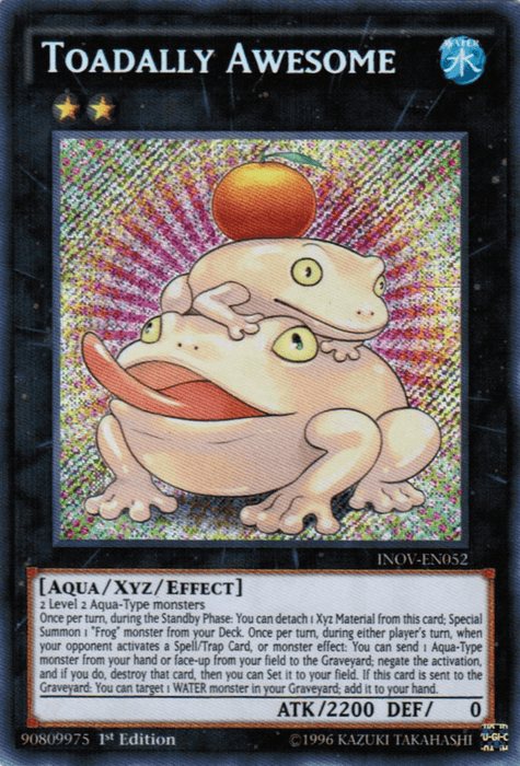 A Yu-Gi-Oh! trading card named Toadally Awesome [INOV-EN052] Secret Rare. This Secret Rare features a large Frog Monster with a smaller frog on its back. The card has a blue water attribute symbol, stars, and detailed text describing its Aqua/XYZ/Effect properties. It is from the INOV-EN052 set, with an ATK of 2200 and DEF of 0.

