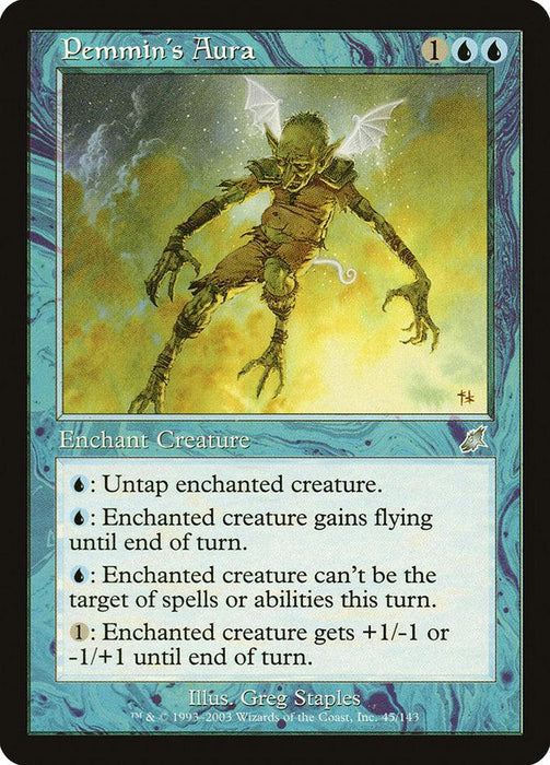 Magic: The Gathering card titled Pemmin's Aura [Scourge] features a blue border with an illustration of a ghostly, skeletal creature with wings and wisps of blue energy. This Aura enchantment grants the enchanted creature abilities like untapping, flying, and gaining or losing power and toughness.
