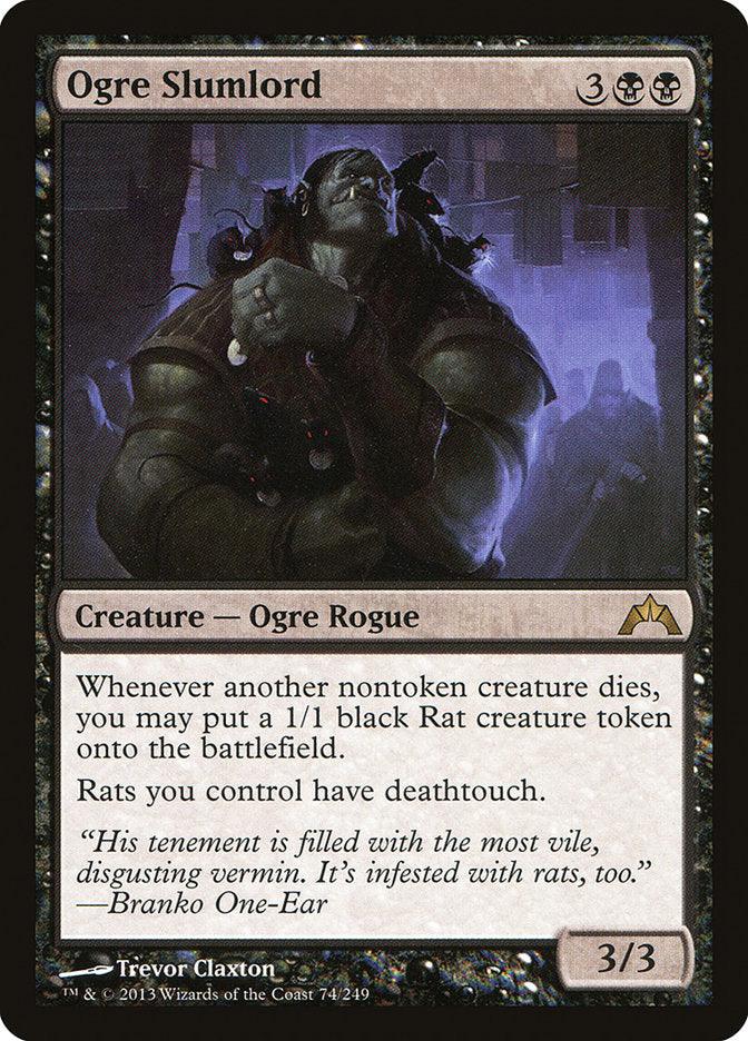 The Magic: The Gathering card "Ogre Slumlord [Gatecrash]" depicts an Ogre Rogue amid a gloomy, rat-infested scene. This 3/3 creature card costs 3 colorless and 2 black mana to cast. Its abilities generate 1/1 black Rat creature tokens whenever a nontoken creature dies and grant deathtouch to all rats.