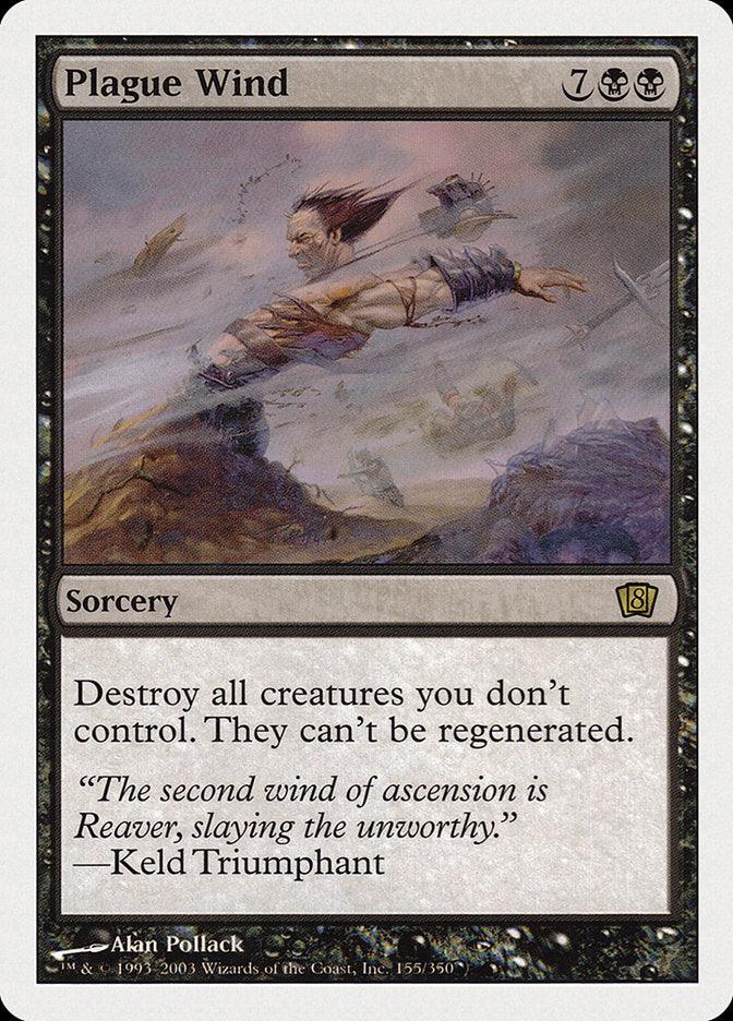 A Plague Wind [Eighth Edition] card from Magic: The Gathering showcases a humanoid figure being swept away by violent winds in a desolate, stormy landscape. This rare sorcery has a casting cost of 7 colorless and 2 black mana, with the powerful text: 