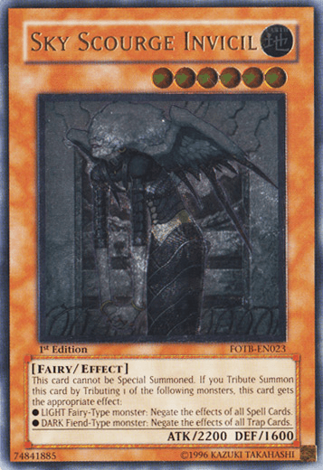 A Yu-Gi-Oh! trading card titled "Sky Scourge Invicil [FOTB-EN023] Ultimate Rare". As an Ultimate Rare Effect Monster from the Force of the Breaker set, it displays a dark, armored creature with large wings wielding a sword. With 2200 ATK and 1600 DEF points, its effect text and card number FOTB-EN023 are also visible.