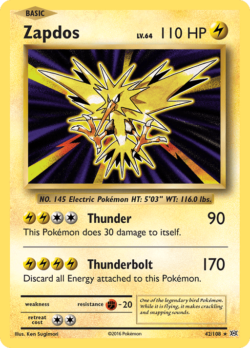 A Pokémon Zapdos (42/108) [XY: Evolutions] card featuring Zapdos, a yellow, lightning-themed bird with sharp wings. The card has 110 HP and electric type. It lists two attacks: Thunder (90 damage) and Thunderbolt (170 damage). Weakness is rock type, resistance fighting. Below, there’s text and an illustration credit from the Evolutions series.