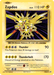 A Pokémon Zapdos (42/108) [XY: Evolutions] card featuring Zapdos, a yellow, lightning-themed bird with sharp wings. The card has 110 HP and electric type. It lists two attacks: Thunder (90 damage) and Thunderbolt (170 damage). Weakness is rock type, resistance fighting. Below, there’s text and an illustration credit from the Evolutions series.