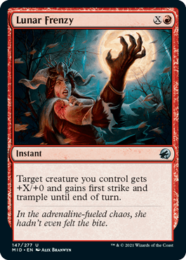 A Magic: The Gathering card titled Lunar Frenzy [Innistrad: Midnight Hunt]. The artwork depicts a terrified woman in a red dress and leafy crown, holding her hand away from her mouth while lightning strikes in the background. This instant card reads: 