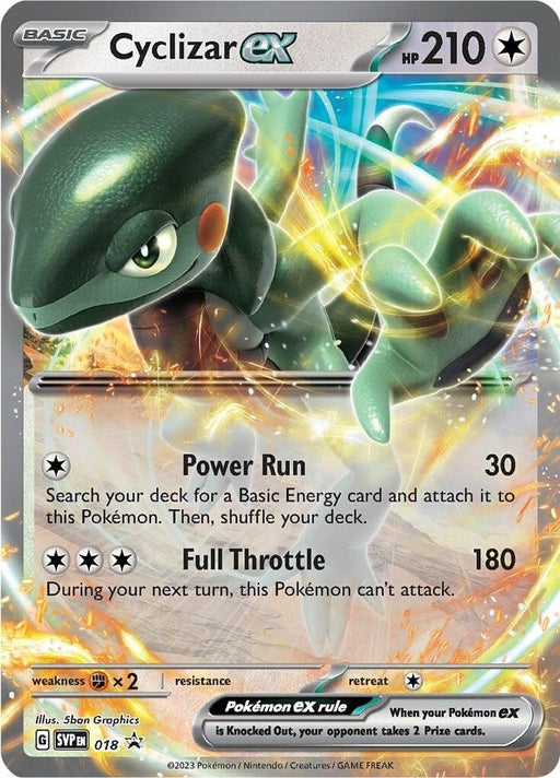 A Cyclizar ex (018) [Scarlet & Violet: Black Star Promos] from Pokémon features a green, lizard-like Pokémon with visible orange and yellow lightning in the background. This Black Star Promo card has 210 HP and includes two attacks: Power Run, which deals 30 damage, and Full Throttle, which deals 180 damage but prevents attacking next turn.