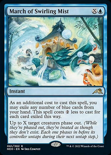 A Magic: The Gathering card titled "March of Swirling Mist [Kamigawa: Neon Dynasty]." It's an Instant card with a blue background from the Kamigawa: Neon Dynasty set. Artwork depicts a misty scene with two figures near a lit pagoda and swirling ethereal shapes. Text explains the spell’s casting cost and exiling, phasing out creatures effect.