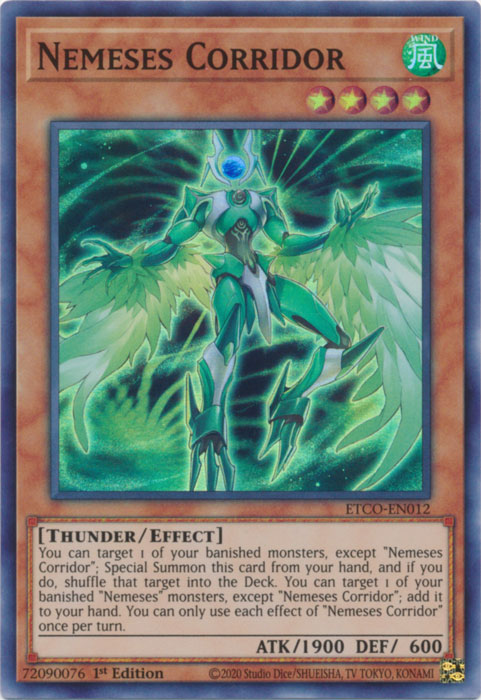 The image displays a Yu-Gi-Oh! trading card from "Eternity Code" named "Nemeses Corridor [ETCO-EN012] Super Rare." This Effect Monster features a winged creature with a futuristic, armored appearance in shades of green and teal, with energy wings and glowing accents. The card has an attack power of 1900 and defense of 600.