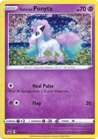 A Galarian Ponyta (SWSH013) (General Mills Promo) [Sword & Shield: Black Star Promos] Pokémon card is shown. It has 70 HP and is of the Psychic type. The illustrated Pokémon, with its white, horse-like features and a colorful mane and tail, is set against a forest scene. The card includes two moves: Heal Pulse and Flop, sporting the yellow border typical of Sword & Shield promo cards.