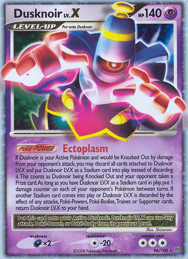 A Pokémon trading card from Diamond & Pearl: Stormfront depicts Dusknoir LV.X (96/100) [Diamond & Pearl: Stormfront]. Dusknoir is illustrated with ghostly, luminescent hands extended forward, emanating energy. This Ultra Rare card has 140 HP and features the Ectoplasm Poké-Power. It is of the Psychic type with a weakness to Dark, resistance to Normal, and a retreat cost.