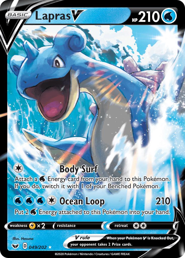 The image is of a Lapras V (049/202) [Sword & Shield: Base Set] Pokémon trading card. Lapras is depicted in action, splashing through water with an energetic expression. The Ultra Rare card details include its HP of 210 and descriptions of its moves, 