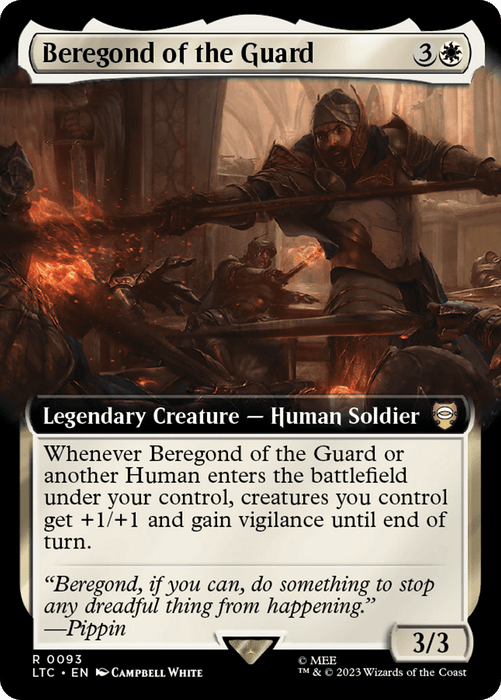 The image is a Magic: The Gathering card titled "Beregond of the Guard (Extended Art) [The Lord of the Rings: Tales of Middle-Earth Commander]," a Legendary Creature from The Lord of the Rings series. It shows a human soldier wielding a sword, defending against enemies. With a mana cost of 3 colorless and 1 white, it has power/toughness of 3/3 and boosts other creatures' abilities.