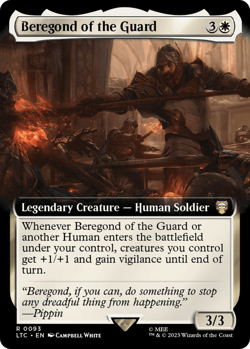 The image is a Magic: The Gathering card titled "Beregond of the Guard (Extended Art) [The Lord of the Rings: Tales of Middle-Earth Commander]," a Legendary Creature from The Lord of the Rings series. It shows a human soldier wielding a sword, defending against enemies. With a mana cost of 3 colorless and 1 white, it has power/toughness of 3/3 and boosts other creatures' abilities.