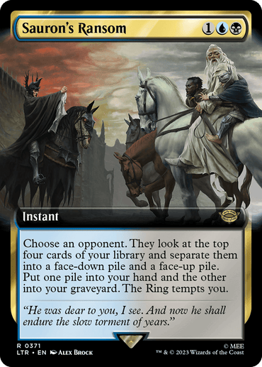 The product "Sauron's Ransom (Extended Art) [The Lord of the Rings: Tales of Middle-Earth]" from Magic: The Gathering features an illustration of two figures on horseback facing each other—a dark, armored rider on the left and a white-robed figure on the right—reminiscent of epic tales from Middle-earth. The desolate landscape with ominous clouds captures the essence of Lord of the Rings. Text includes game instructions and a quote about loss and torment.