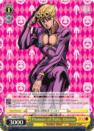 A promo card from Bushiroad features a stylized character from JoJo's Bizarre Adventure: Golden Wind in a purple suit with heart-shaped cutouts on the chest. The pink, diamond-patterned background highlights "Pioneer of Fate, Giorno (JJ/S66-E102 PR) [JoJo's Bizarre Adventure: Golden Wind]," with impressive gameplay stats like "3000" and abilities that enhance character power boosts.