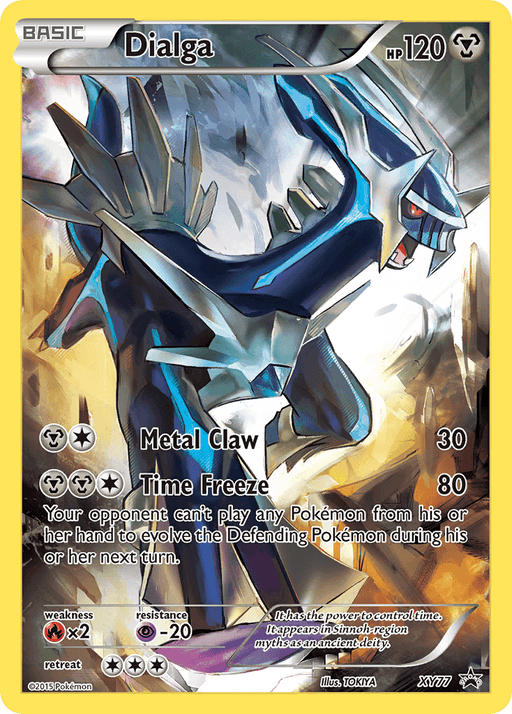 A Pokémon card featuring Dialga with 120 HP. This Black Star Promo showcases a dragon-like creature adorned in metallic, blue and silver armor. **Dialga (XY77) [XY: Black Star Promos]** has two moves: "Metal Claw" inflicts 30 damage, while "Time Freeze," dealing 80 damage, prevents opponents from playing Pokémon from their hand.