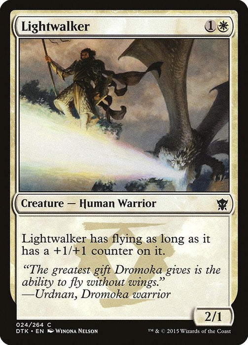 Magic: The Gathering [Lightwalker from Dragons of Tarkir]. It features a human warrior with a cloak and spear, riding a dragon-like creature over a mountainous landscape. Card text: "Lightwalker has flying as long as it has a +1/+1 counter on it." The card's stats are 2/1 with a mana cost of 1W.