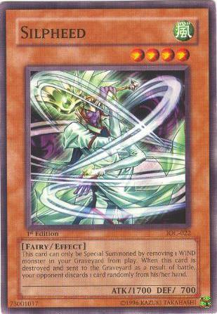 A Silpheed [IOC-022] Common Yu-Gi-Oh! trading card from the "Invasion of Chaos" set. The card showcases a greenish-tinted humanoid figure with wings and a swirling wind effect. As a "Fairy/Effect" monster with 1700 ATK and 700 DEF, it details its Special Summoning conditions and unique effect.