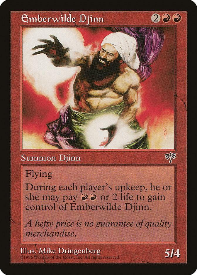 The Magic: The Gathering product Emberwilde Djinn [Mirage] features a fiery background with a djinn in white robes and a purple sash. A rare card, its text reads: 