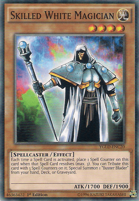 A "Yu-Gi-Oh!" trading card titled "Skilled White Magician [YGLD-ENC20] Common," from Yugi's Legendary Decks, features a spellcaster in white and silver armor with a green and red-lined cloak. The magician holds a staff crowned with a crystal. With 1700 ATK and 1900 DEF, it includes a description of its spell-related effect.